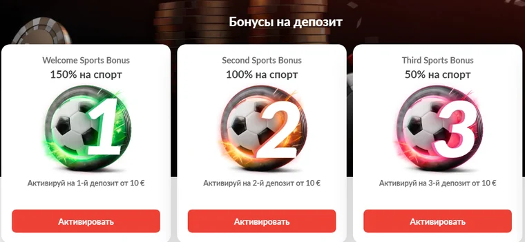Раздел «Бонусы на депозит» в 1GO Casino: Welcome Sports Bonus 150%, Second Sports Bonus 100% и Third Sports Bonus 50%