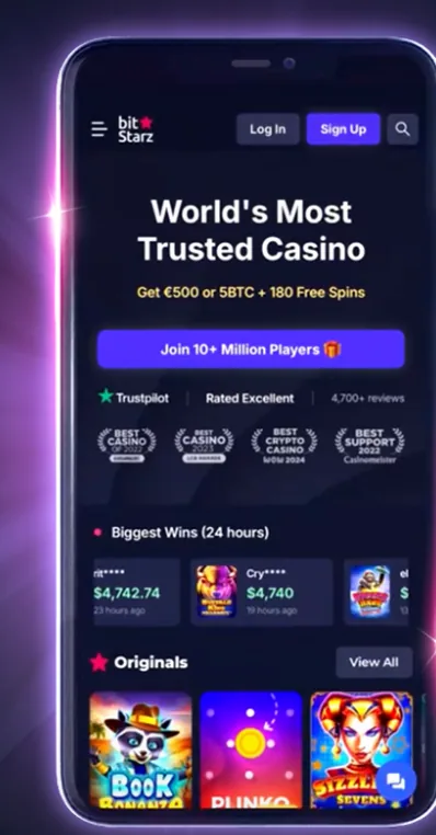 Мобильный интерфейс BitStarz с приветственным пакетом и лентой крупных выигрышей