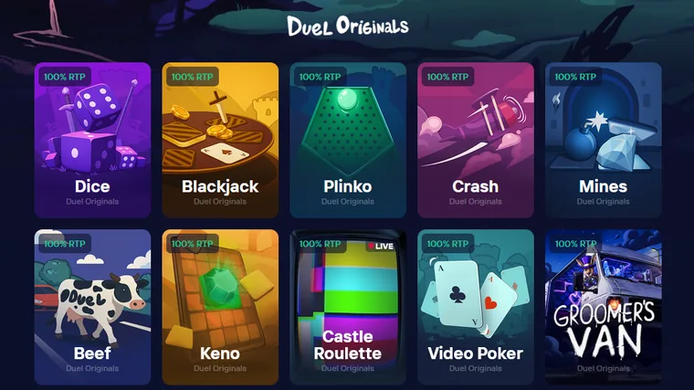 Раздел Duel Originals: собственные игры площадки с отметками RTP