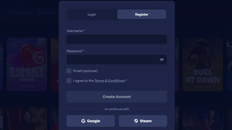 Форма регистрации Duel Casino: логин, пароль и вход через Google или Steam