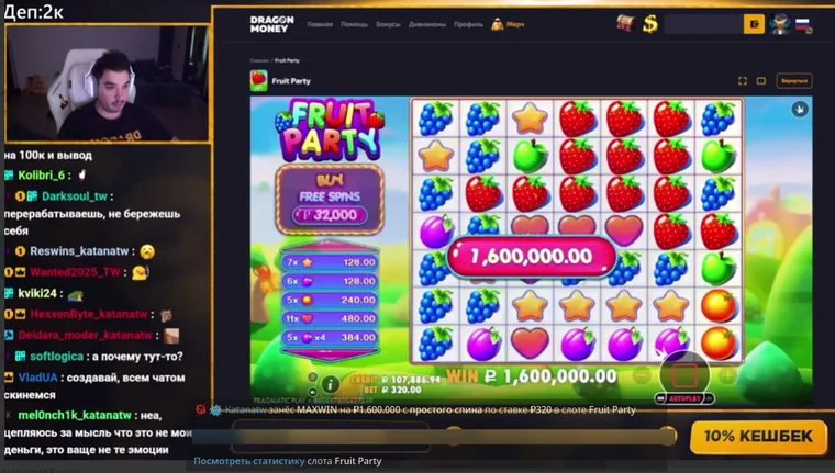 Экран максимального выигрыша 1 600 000 рублей в слоте Fruit Party при ставке 320 рублей