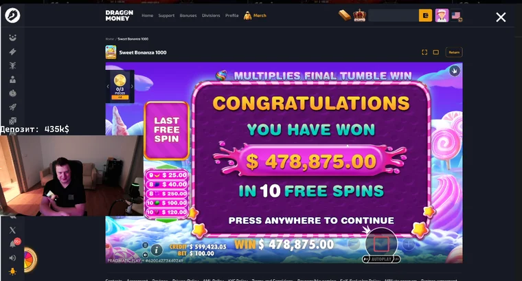 Экран выигрыша 478 875 долларов в слоте Sweet Bonanza 1000 при ставке 100 долларов на площадке Драгон Мани