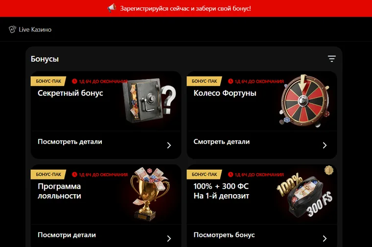 Раздел бонусов Norm Casino: «Секретный бонус», «Колесо Фортуны», программа лояльности и пак 100% + 300 ФС