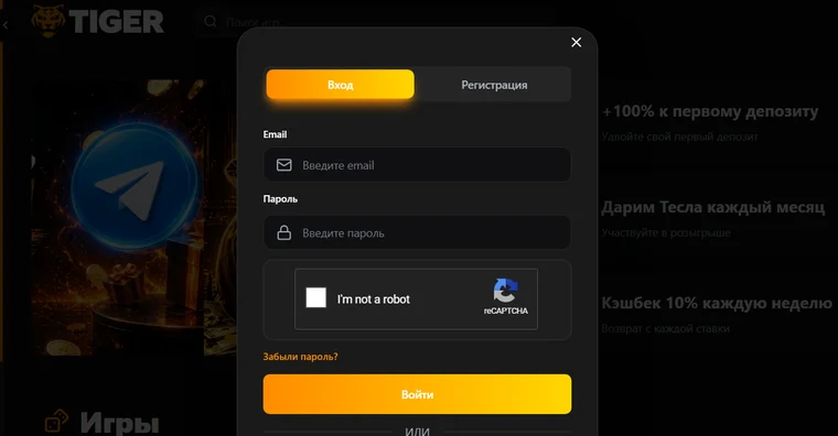 Окно входа Tiger Casino: поля email и пароль, проверка reCAPTCHA, кнопка «Войти» и разделитель «ИЛИ»